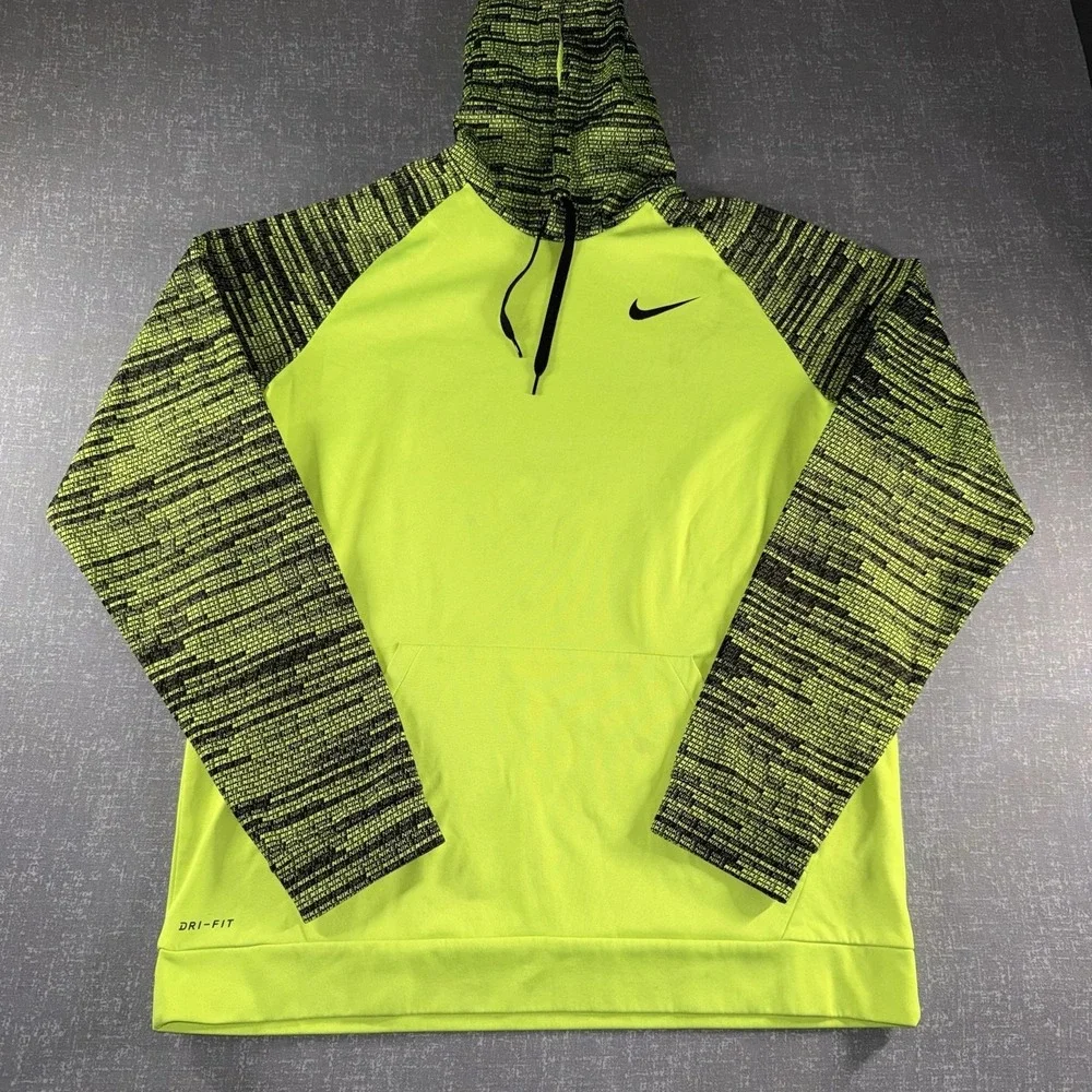 Nike Hoodie Mens XLT Yellow Dri-FIT Fleece Pullover Kangaroo Pocket Swoosh Logo